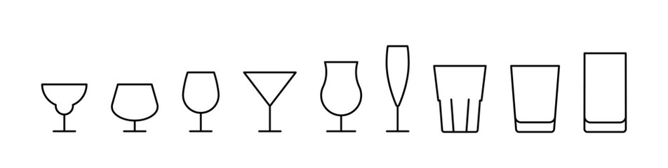Drink glass icon. Glassware drink line icons collection. Glass alcohol icons