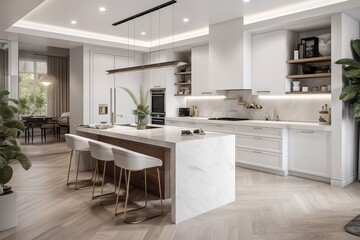 Modern kitchen interior | Modern White Luxury Kitchen in Estate Home | desk space in kitchen | Grey kitchen with bar close up | Beautiful kitchen in luxury home with waterfall island, Generative AI