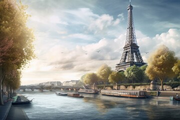 Paris, France. Eiffel Tower and Seine River in the morning, style of digital fantasy landscapes, concept art, Generative Ai