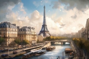 Naklejka premium Paris, France. Eiffel Tower and Seine River in the morning, style of digital fantasy landscapes, concept art, Illustration style, Generative Ai