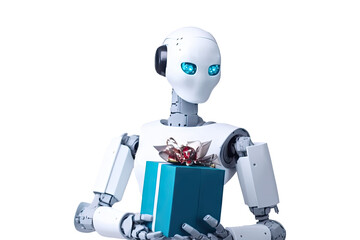 A robot with a gift box isolated on transparent background - Generative AI