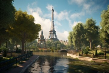 Fototapeta na wymiar The Eiffel Tower and Seine River in Paris, France, illustration style, Generative Ai