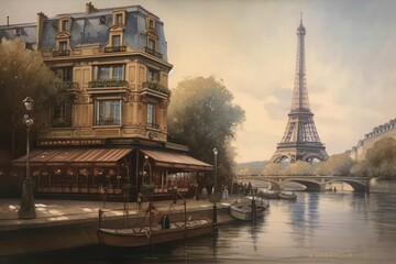 Paris cityscape with Eiffel Tower at sunset, France. Illustration and vintage style, Generative Ai