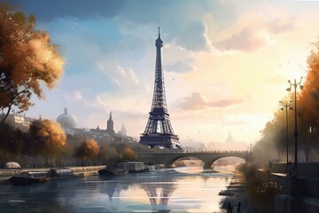 Fototapeta na wymiar Paris, France. Eiffel Tower and Seine River in the morning, style of digital fantasy landscapes, concept art, Illustration style, Generative Ai