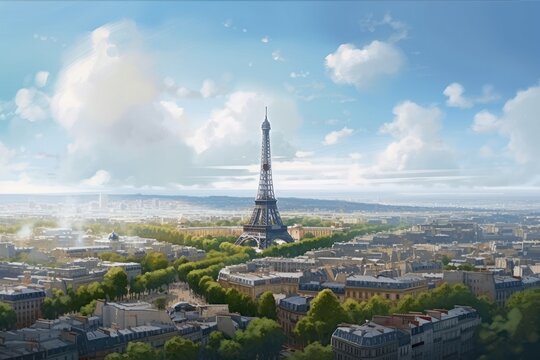 Paris, France. Eiffel Tower and Seine River in the morning, style of digital fantasy landscapes, concept art, Illustration style, Generative Ai