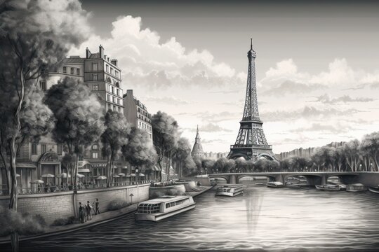 Paris panorama with Eiffel Tower and Eiffel Tower, Cinematic concept in hand sketch black and white style, Generative Ai