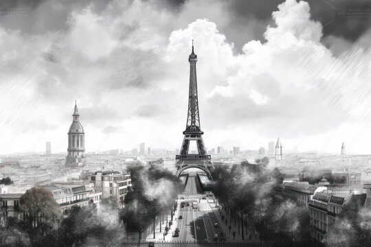 Digital painting of the Eiffel Tower in Paris, France with clouds, style of digital fantasy landscapes, concept art, Generative Ai