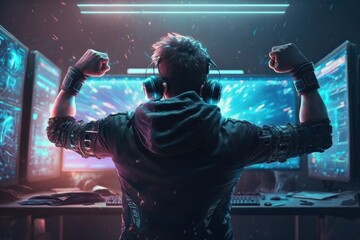Young gamer playing video games at home with a computer and headphones in a neon light. The concept of online gaming, esports, celebrating victory, cyberpunk style, Generative Ai
