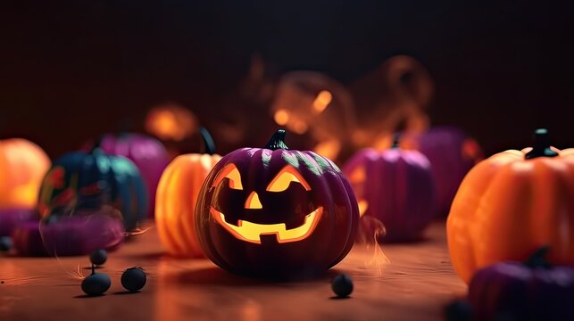 Halloween Pumpkins On Wood In A Spooky Forest At Night. Generative Ai.