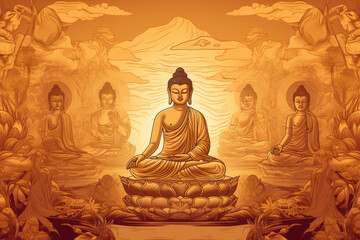 The nature of buddhas and bodhisattvas, sitting on beautiful spectral light golden lotus, generative AI