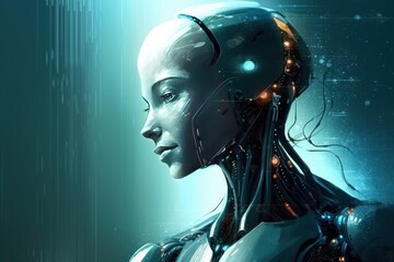 3d rendering of female cyborg with digital circuit board on background, Generative Ai