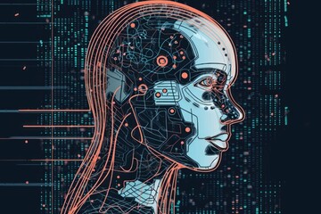 Artificial intelligence and machine learning concept. Futuristic cyborg head. Digital illustration, Generative Ai