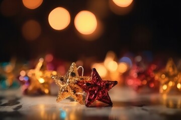 Christmas decoration on wooden table with bokeh lights background, shallow depth of field, Generative Ai