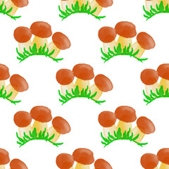 Mushrooms watercolor seamless pattern. Cute childish background with naive art.Bright hand-drawn illustration for tees, pillowcases,nurcery, wallpapers, kids clothing.Yellow brown porcini, green grass - 589596589