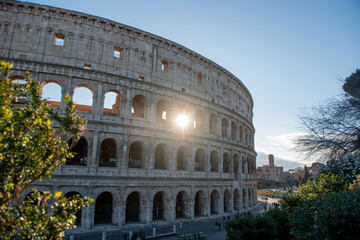 Fototapeta na wymiar Colosseum, originally known as the Flavian Amphitheater . Located in the city center of Rome, it is the largest Roman amphitheater in the world