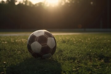 Fototapeta na wymiar Soccer ball on green grass at sunset time. Vintage tone, Generative Ai