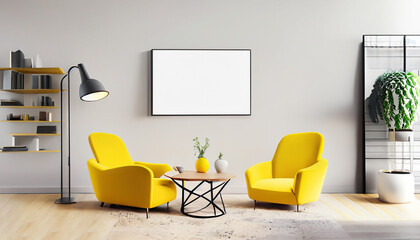 Modern living room interior with yellow chair minimalis mockup 5