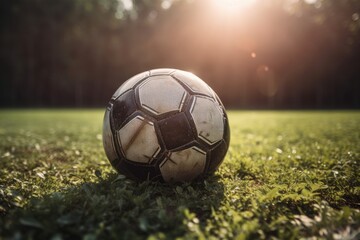 Obraz premium Soccer ball on a green grass field with sunlight. Vintage filter, Generative Ai