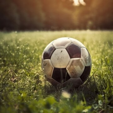 Soccer ball on green grass. Vintage style toned picture, Generative Ai