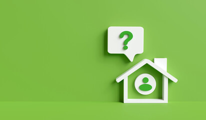 Ecological home information service. Admin icon shows question mark in house on green background with copy space. Career and service, green home project saving energy for environment. 3D rendering - obrazy, fototapety, plakaty