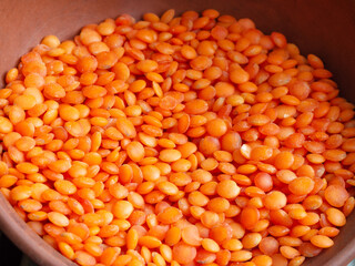 Lentil grains close up top view.