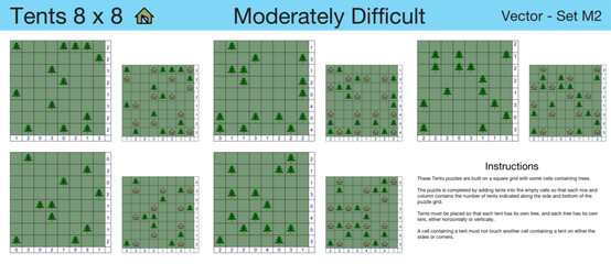 5 Moderately Difficult Tents 8 x 8 Puzzles. A set of scalable tents puzzles suitable for kids and adults and ready for web use, or to be compiled into a standard or large print activity book.