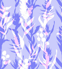 Seamless pattern with gentle vertical tropical silhouettes of flowers and branches in pastel colors. Mix of artistic botanical silhouettes for textile and surface design