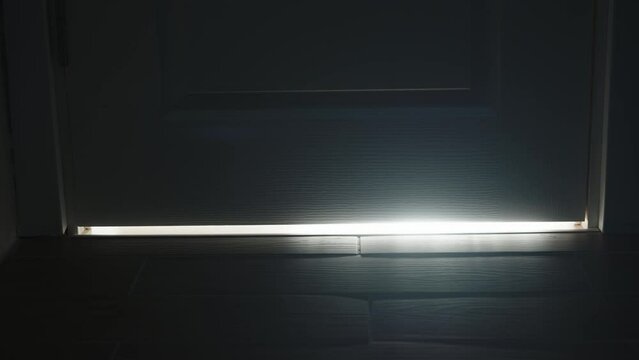In a dark room, bright light penetrates through a crack in the bottom of the door. Someone walks behind the door and opens it.