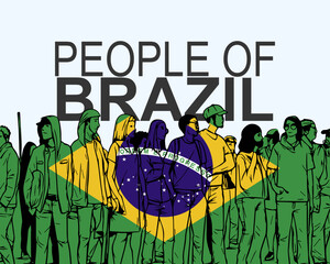 People of Brazil with flag, silhouette of many people, gathering idea