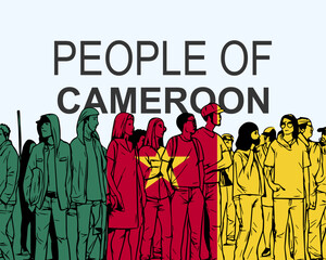 People of Cameroon with flag, silhouette of many people, gathering idea