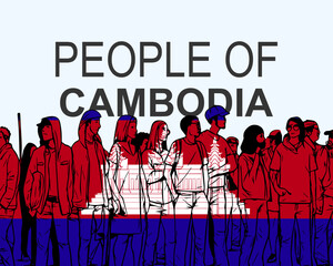 People of Cambodia with flag, silhouette of many people, gathering idea