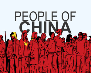 People of China with flag, silhouette of many people, gathering idea
