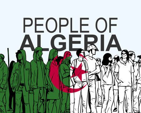People of Algeria with flag, silhouette of many people, gathering idea
