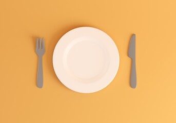 white plate with fork and knife isolated on orange background. top view serving. 3d render
