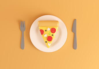 3d pizza on white plate with fork and knife isolated on orange background. top view serving. 3d render