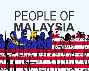 People of Malaysia with flag, silhouette of many people, gathering idea