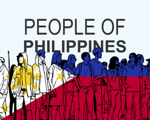 People of Philippines with flag, silhouette of many people, gathering idea