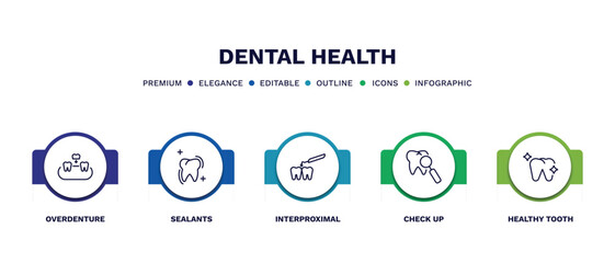 set of dental health thin line icons. dental health outline icons with infographic template. linear icons such as overdenture, sealants, interproximal, check up, healthy tooth vector.