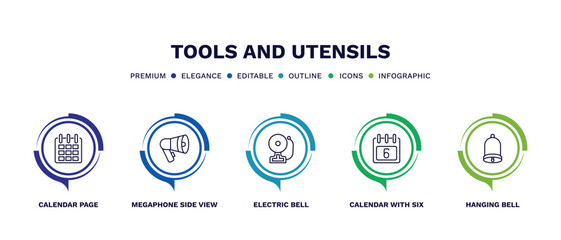 set of tools and utensils thin line icons. tools and utensils outline icons with infographic template. linear icons such as calendar page, megaphone side view, electric bell, calendar with six days,