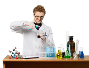 Scientist man with colored liquid in his laboratory