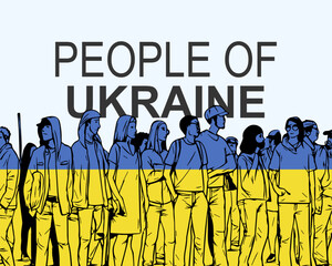 People of Ukraine with flag, silhouette of many people, gathering idea