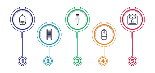 set of tools and utensils thin line icons. tools and utensils outline icons with infographic template. linear icons such as hanging bell, auger, calendar with six days, hanging ladder, charged