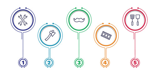 set of tools and utensils thin line icons. tools and utensils outline icons with infographic template. linear icons such as cross wrench, moustaches, kitchen tools, hand axe, film strip photograms
