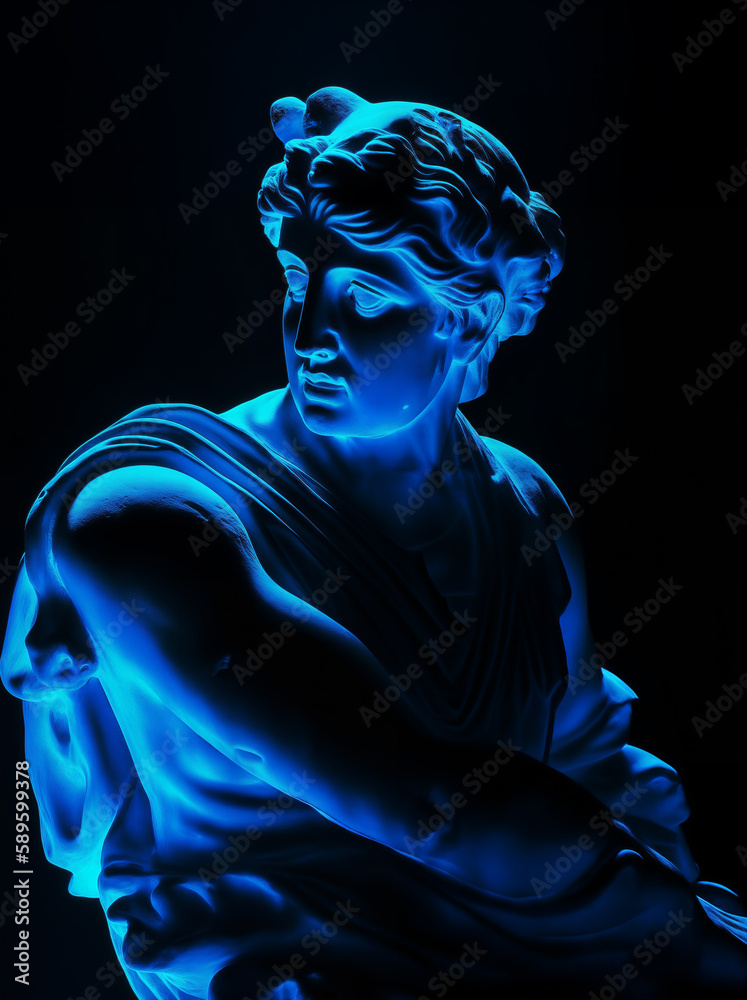 Wall mural Gypsum ancient statue over black background, blue dramatic light. Generative ai