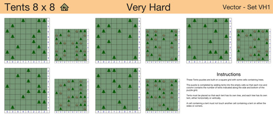 5 Very Hard Tents 8 x 8 Puzzles. A set of scalable tents puzzles suitable for kids and adults and ready for web use, or to be compiled into a standard or large print activity book.