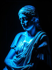 Gypsum ancient statue over black background, blue dramatic light. Generative ai
