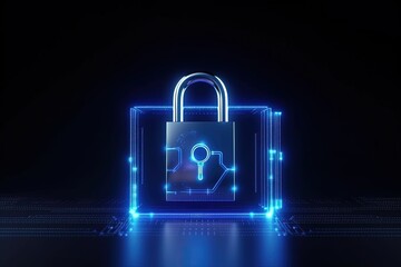 Illustration of padlock , blue neon lights, data security concept. Generative AI