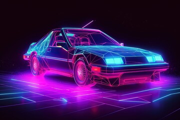 Futuristic vintage car illustration, retro style, 80s, vaporwave, neon light. Generative AI