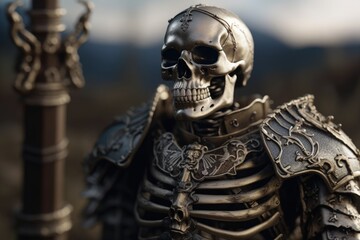 Skeleton illustration with knight armor, battlefield in background. Generative AI