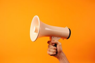 Illustration of hand holding megaphone, marketing and sales concept, orange background. Generative AI